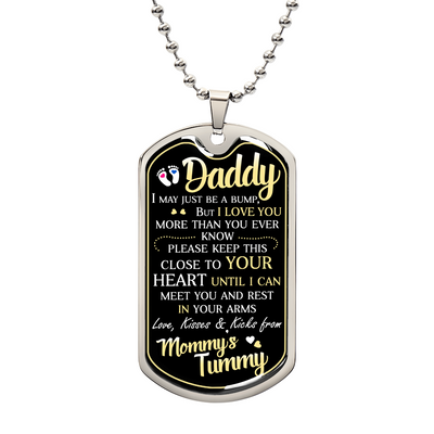 Havijo Dad To Be dog tag necklace, jewelry with engraved text, featuring a polished metal pendant on a chain, casual and stylish accessory.