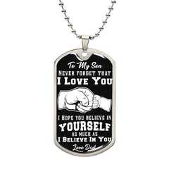 Havijo dog tag necklace with "Believe In Yourself" engraved, featuring a sleek metal design and adjustable chain.
