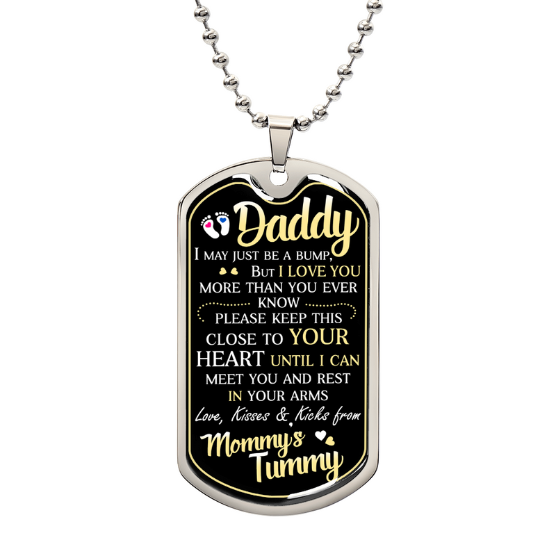 Havijo Dad To Be dog tag necklace, jewelry with engraved text, featuring a polished metal pendant on a chain, casual and stylish accessory.
