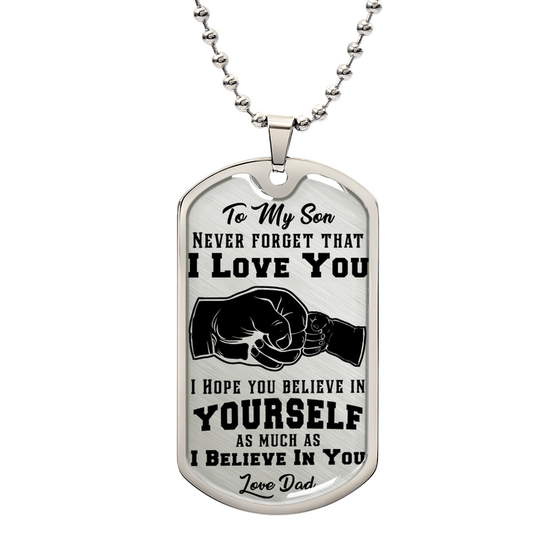 Havijo Never Forget I Love You dog tag necklace with engraved message, displayed against a neutral background.