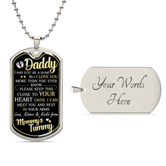 Havijo Dad To Be dog tag necklace made of jewelry, featuring a sleek metal pendant with engraved "Dad To Be" text.