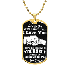Havijo Believe In Yourself dog tag necklace, silver jewelry with engraved motivational message, on a chain.