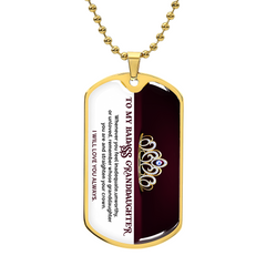 Havijo Dog Tag Necklace with "My Badass Granddaughter" inscription, silver jewelry chain and engraved pendant.