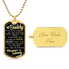 Havijo Dad To Be dog tag necklace in silver with engraved design, showcasing a stylish jewelry piece for expecting fathers.
