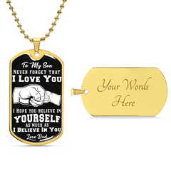 Havijo Believe In Yourself dog tag necklace with engraved inspirational message and silver chain on a plain background