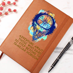 Havijo Adventure Awaits journal with a leather cover and engraved design, ideal for travel and note-taking accessories.