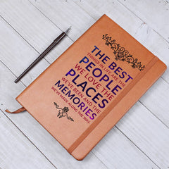 Havijo People, Places, Memories journal accessory with a decorative cover featuring handwritten notes and travel-inspired design.