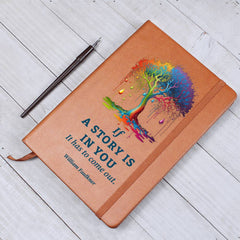 Havijo The Story Within journal, a stylish leather accessory with embossed design, open to show lined pages for writing and reflection.