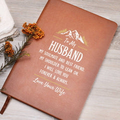 Havijo leather journal titled "My Soulmate and Best Friend" with a textured brown cover, open to reveal lined pages.