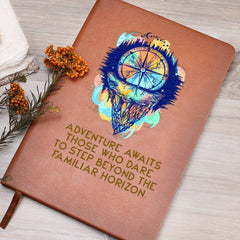Havijo Adventure Awaits journal with a nature-inspired cover, featuring a leather-bound accessory for travel and note-taking.