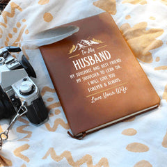 Havijo leather journal titled "My Soulmate and Best Friend" with stitched edges, open to show lined pages.