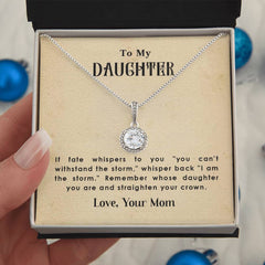 Havijo Straighten Your Crown Eternal Hope Necklace with a delicate chain and pendant featuring a crown design on a jewelry display.