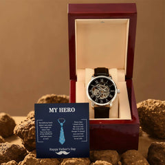 Havijo My Hero Dad openwork jewelry watch with intricate design and silver-tone finish, showcasing detailed craftsmanship.