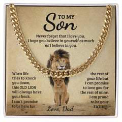 Havijo Never Forget Cuban Link Chain jewelry with thick, shiny gold-tone links on a white background.