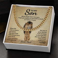 Havijo Never Forget Cuban Link Chain jewelry with thick, shiny gold links on a white background.