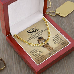 Havijo Never Forget Cuban Link Chain jewelry displayed with shiny gold links and intricate design details.