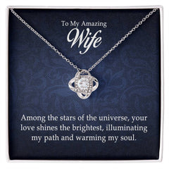 Havijo love knot necklace with engraved "To My Amazing Wife" jewelry, featuring a silver love knot pendant on a delicate chain.
