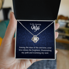 Havijo love knot necklace with engraved "To My Amazing Wife" jewelry piece featuring a heart-shaped love knot design.