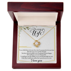 Havijo Love Knot Necklace for Future Wife, elegant jewelry featuring a intertwined knot design on a delicate chain.