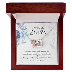 Havijo To My Sister interlocking hearts necklace, silver jewelry with two linked heart charms, elegant and meaningful accessory.