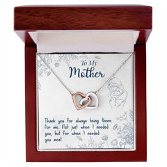 Havijo interlocking hearts necklace with "Thank You For Always Being There" jewelry design, featuring two silver heart pendants.