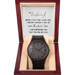 Havijo wooden watch with engraved message "Husband, You Are My Life" on the jewelry piece, featuring a sleek wooden band.