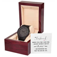 Havijo wooden watch with engraved "Husband, You Are My Life" inscription, showcasing the jewelry's elegant design and natural wood finish.