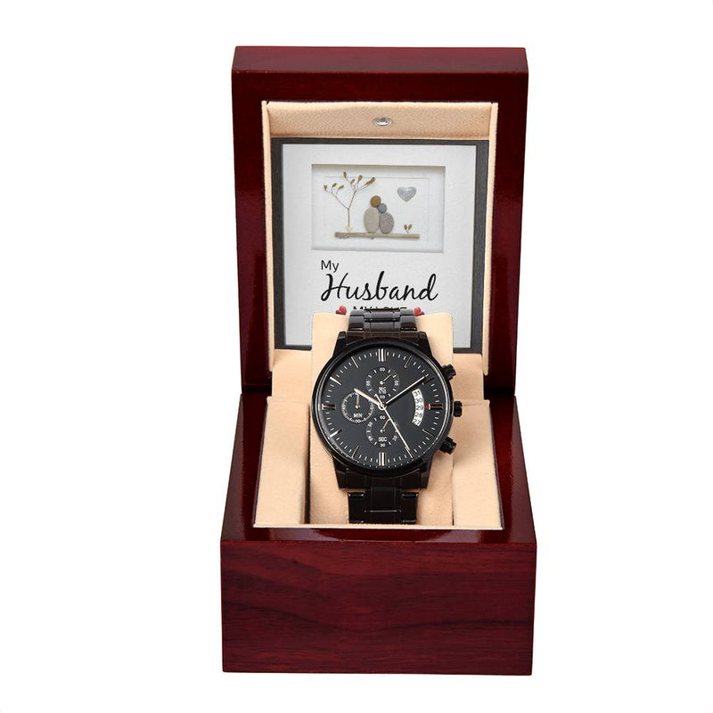 Black Havijo My Husband My Love chronograph watch with silver accents and a sleek metal band, showcasing its elegant jewelry design.