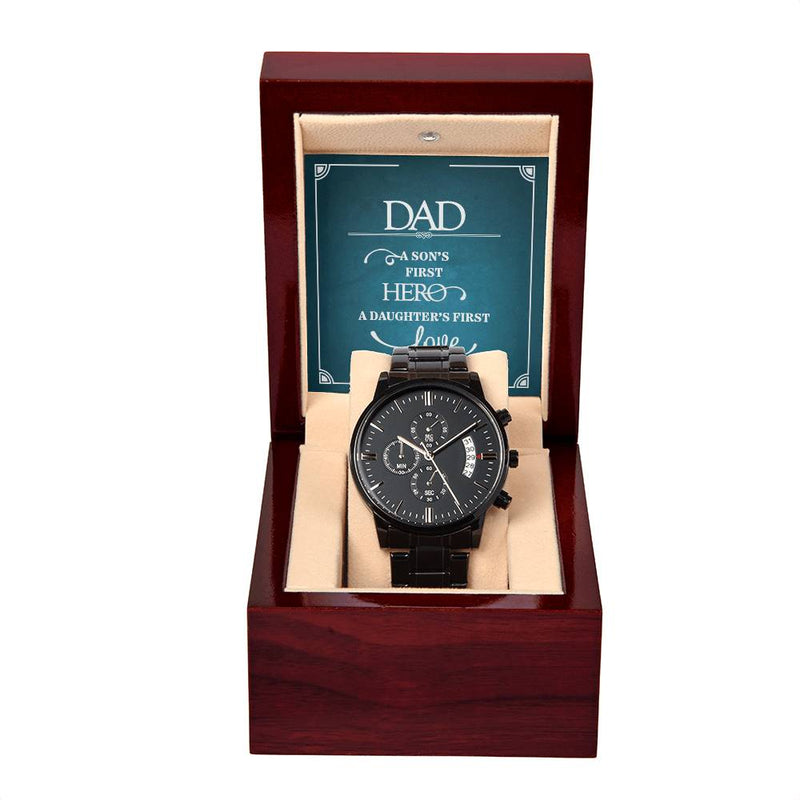 Black Havijo Son's First Hero chronograph watch with a sleek jewelry design and detailed dial, ideal for special occasions.