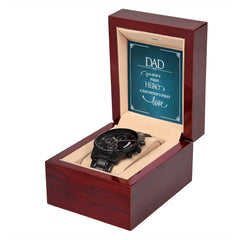 Havijo black chronograph watch from "A Son's First Hero" jewelry collection with a sleek design and detailed dial.