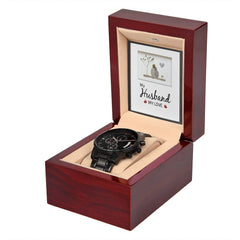 Havijo black chronograph watch from the My Husband My Love jewelry collection, featuring a sleek design and detailed dial.