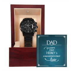 Black chronograph watch by Havijo featuring a sleek jewelry design, with a detailed dial and stylish strap.