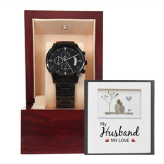 Black Havijo My Husband My Love chronograph watch with a sleek dial and metal band, showcasing elegant jewelry design.
