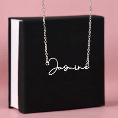 Havijo Signature Style Name Necklace featuring custom engraved name jewelry with elegant script on a silver chain.