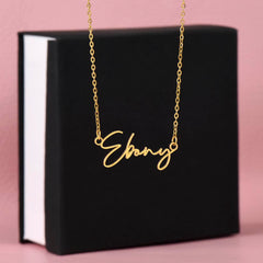 Havijo Signature Style Name Necklace featuring personalized jewelry with a sleek chain and custom name pendant on a white background.