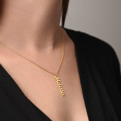 Havijo classic vertical name necklace with personalized engraved name pendant in jewelry display image.
