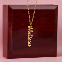 Havijo Classic Vertical Name Necklace featuring a sleek pendant with personalized engraved name on delicate chain jewelry