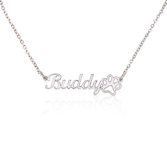 Havijo classic paw print name necklace featuring a personalized jewelry pendant with engraved paw print and name on a silver chain