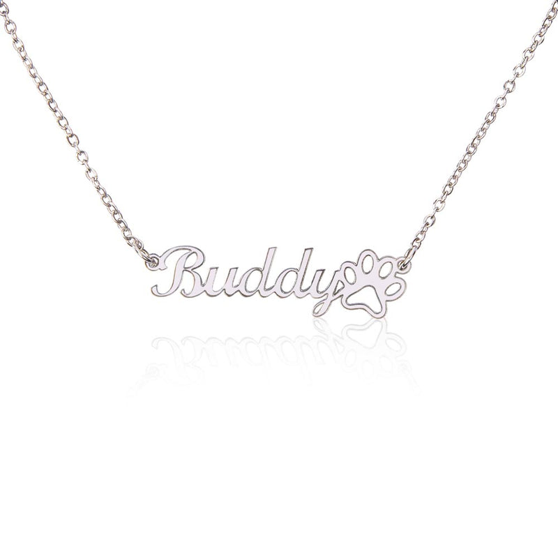 Havijo classic paw print name necklace featuring a personalized jewelry pendant with engraved paw print and name on a silver chain