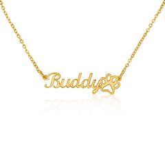 Havijo classic paw print name necklace with personalized engraved pet name, silver jewelry with paw print pendant.