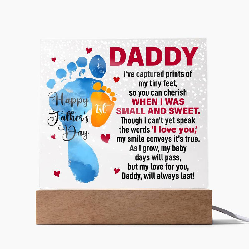 Havijo When I Was Small and Sweet acrylic square jewelry piece with colorful design and bold lettering.