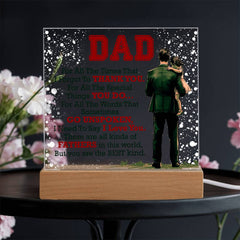 Acrylic square jewelry piece with "Thank You Dad" engraved, featuring Havijo branding, showcasing its sleek, modern design.
