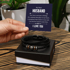 Havijo leather bracelet with engraved "Your Love is not Just a Feeling" message, stylish jewelry accessory.