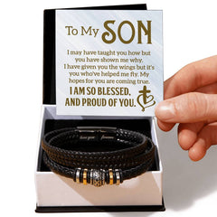 Havijo men's leather bracelet with engraved "To My Son" jewelry design, stylish accessory for men.