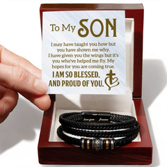 Havijo men's leather bracelet engraved with "To My Son" in stylish jewelry design, featuring a sleek leather band.