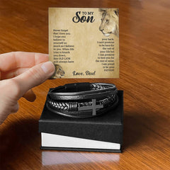 Havijo To My Son cross bracelet jewelry with engraved message, silver-tone metal bracelet for sentimental gift.