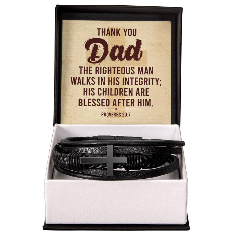 Leather cross bracelet with Proverbs 20:7 inscription, Havijo jewelry design, featuring a stylish leather band and metal cross charm.