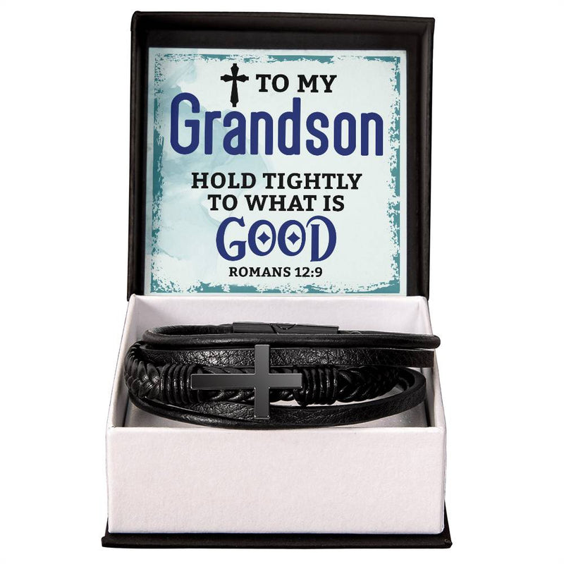 Havijo Hold Tightly Cross Leather Bracelet featuring a black leather band with a silver cross charm and adjustable clasp.