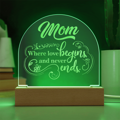 Havijo Mom's Love dome plaque jewelry with engraved design, featuring heartfelt sentiment and decorative details in a polished finish.