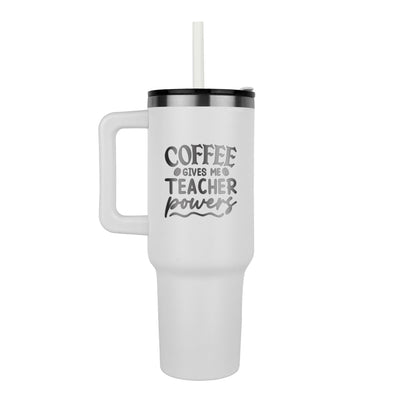Havijo Coffee Gives Me Powers teacher mug with bold text, ceramic accessory ideal for coffee lovers and educators.